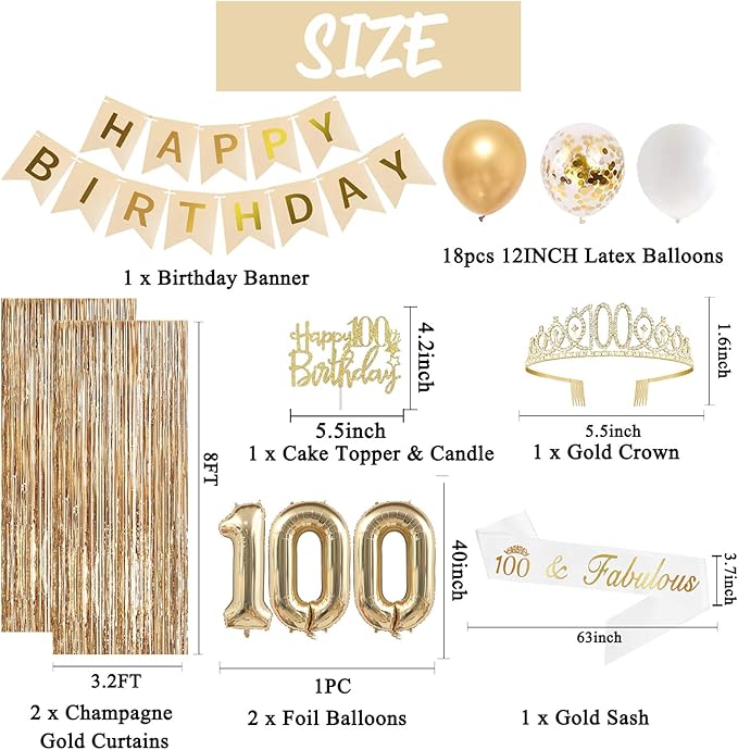 Trgowaul 100th Birthday Decorations for Women, Banner, Sash and Crown, Cake Topper, 100 Number Balloon, Fringe Curtains, Champagne Gold 100th Birthday Party Supplies