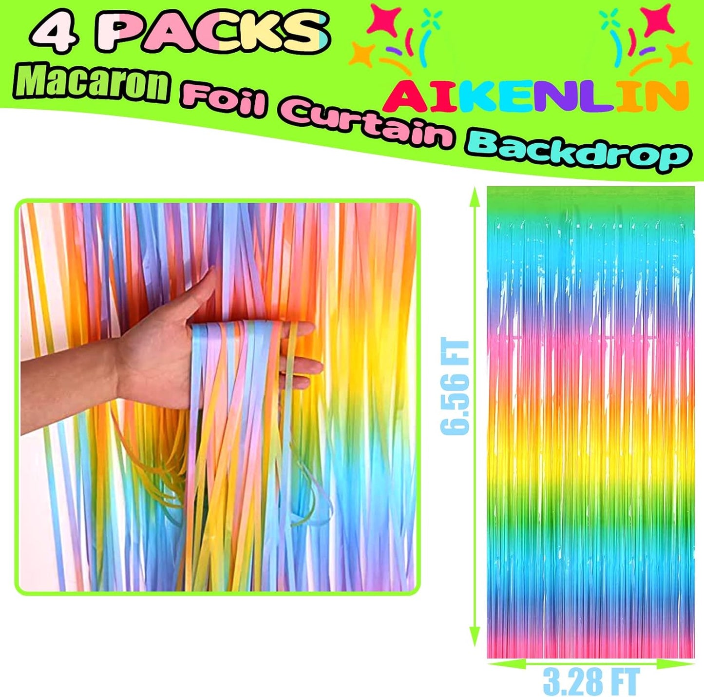 4 Pack 3.3Ft x 6.6Ft Rainbow Foil Fringe Curtain Backdrop, Colorful Metallic Tinsel Foil Fringe Streamers Curtains Background for Photo Booth, Birthday, Wedding, Halloween, Christmas Party Decoration