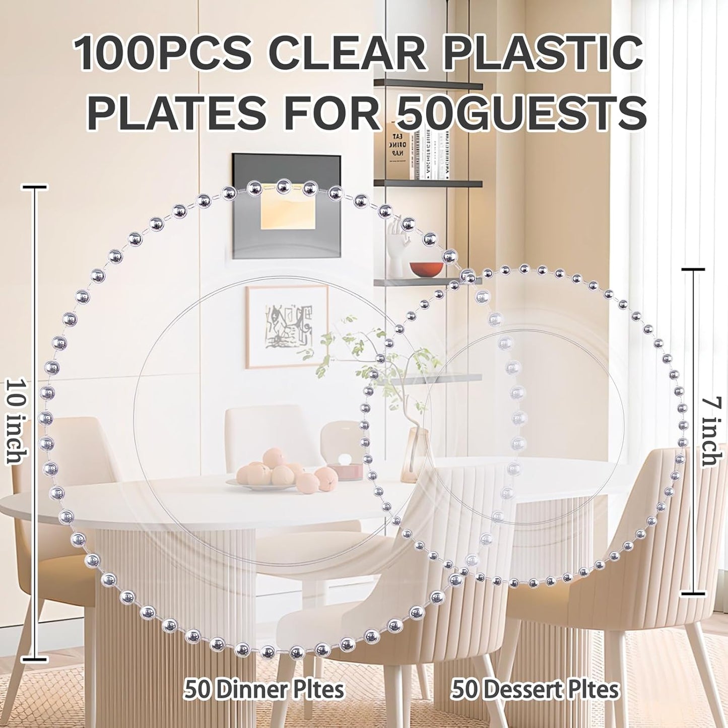 supernal 100PCS Clear Plastic Plates, Clear Plates with Silver Trim, Elegant Plastic Plate Include 50 Dinner Plate 10'' and 50 Dessert Appetizer Platos 7'' for Party, Wedding, Bridal Baptism