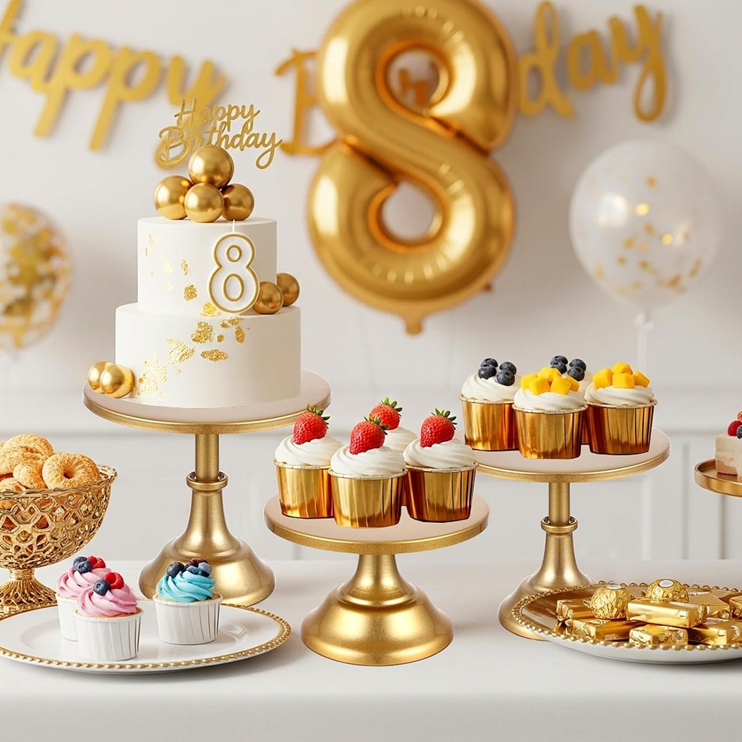 5 PCS Gold Cake Stand Set with Gold Pedestal Cake Stand and Cake Cutter Pie Spatula, Dessert Table Display Set for Wedding, Party, Birthday, Baby Shower, Event Bridal Celebration