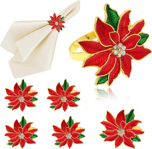Christmas Poinsettia Flower Napkin Rings Set of 6 for Christmas New Year Valentine's Day Banquet,Red Floral Napkin Rings Holder for Wedding Anniversary Brithday Holiday Family Dinner Decor