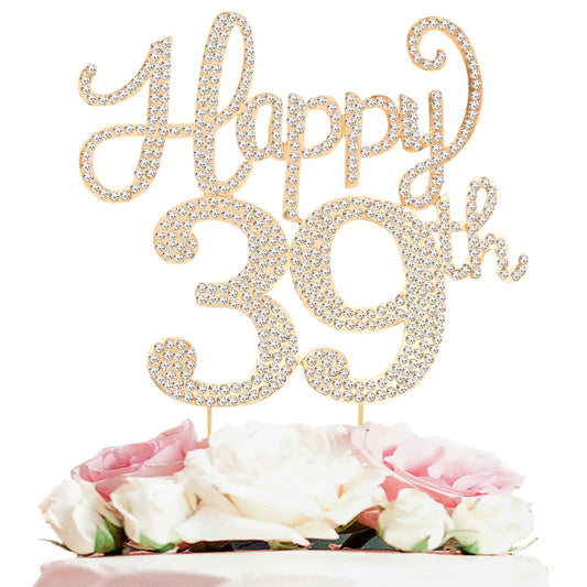 Happy 39th Birthday Decorations,39th Birthday Gold Rhinestone Cake Topper - Cheers to 39 Years Old Bday Party Metal Sparkly Cake Centerpieces Sign.