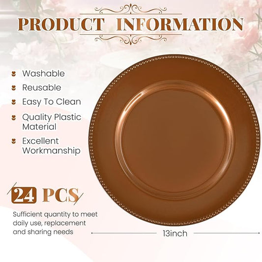 24 Pcs Brown Charger Plates Bulk, 13" Round Beaded Plate for Dinner, Decorative Plastic Table Chargers for Wedding, Holiday Party, Baby Shower, Event Decoration (Brown)