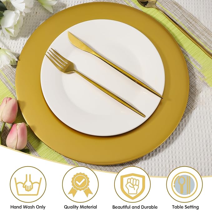 36 Pcs Golden Charger Plates Bulk,13 Inch Plastic Gold Plates Dinner Round Tray Charger Tableware Dish for Table Setting Wedding Holidays Party Decor