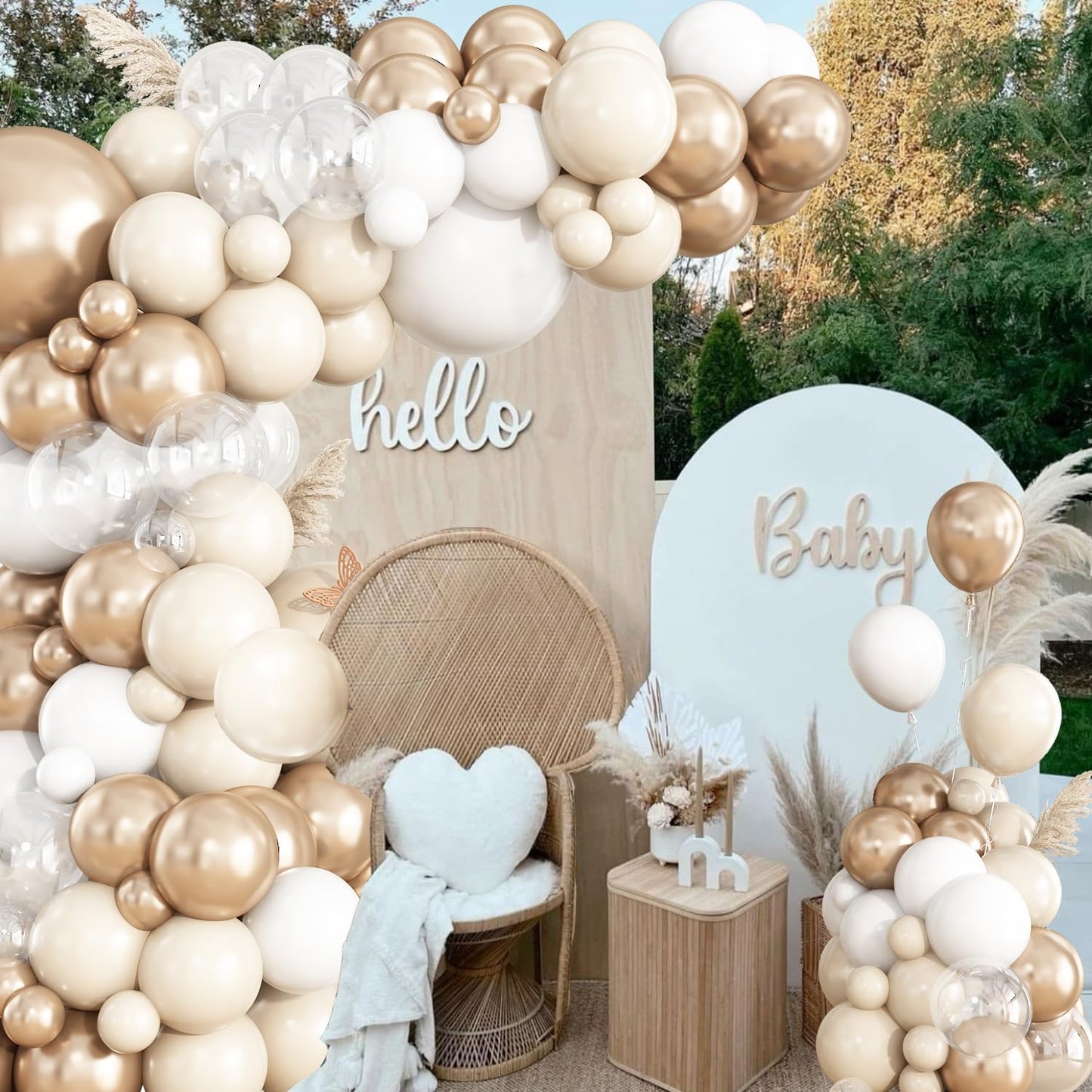White Sand Champagne Gold Balloon Garland Arch Kit, 148Pcs Neutral Clear Balloons for Baby Shower Wedding Bridal Shower Anniversary Engagement Birthday Party Decorations