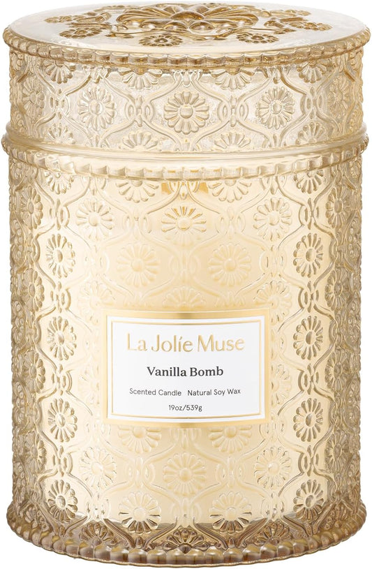 LA JOLIE MUSE Vanilla Bomb Candle| Vanilla, Lemon Zest & Patchouli |19 oz Large Wooden Wick | Natural Soy Wax | 90 Hours Clean Burn | Gift-Ready for Hosts | Seasonal Home Décor