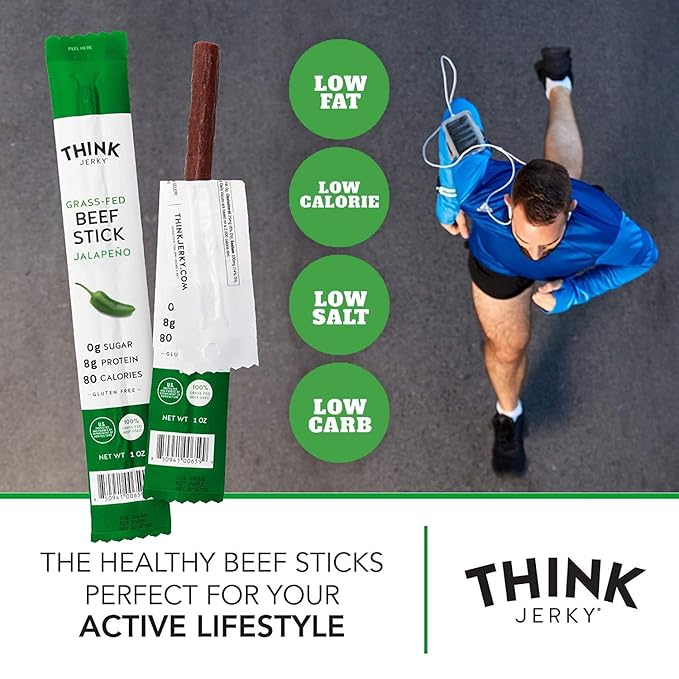 Think Jerky Jalapeno Beef Sticks, Gluten and Sugar Free, No Nitrates, Keto Paleo Friendly High Protein Low Carb Meat Snack - 1.0 oz Sticks, 20 Pack