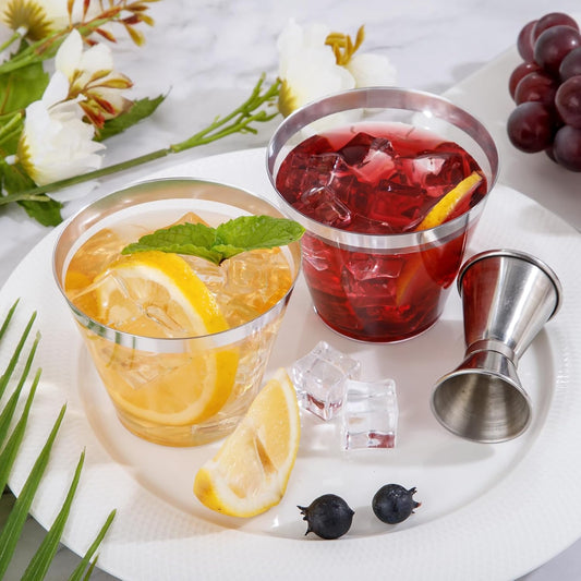 Nervure 240 PCS Silver Plastic Cups - 9Oz Silver Rimmed Plastic Cups - Heavy Duty Plastic Cup with Silver Rim Perfect for Weddings, Receptions & Parties
