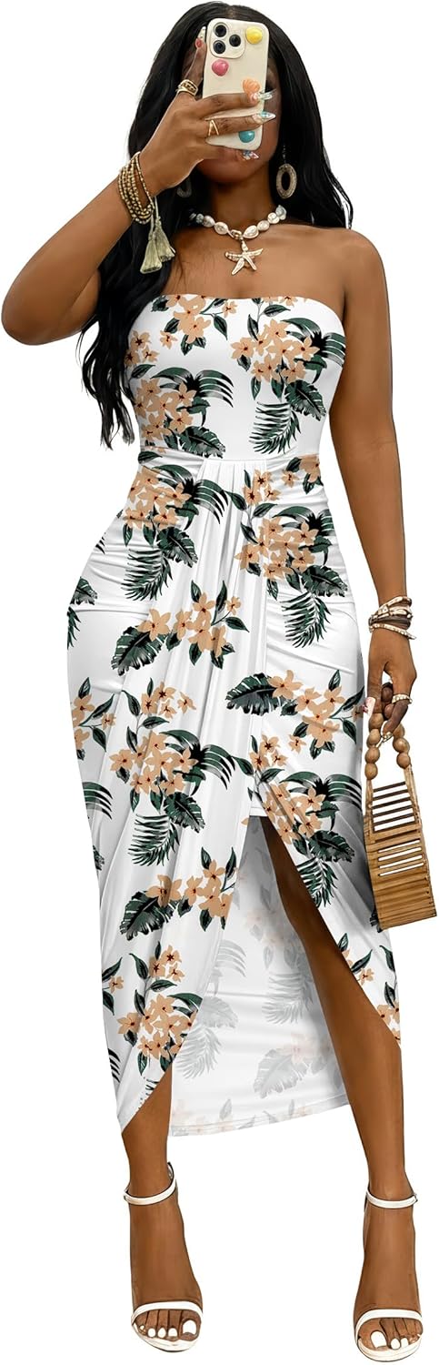 Umenlele Women's Strapless Ruched High Waist Wrap Split Asymmetrical Beach Maxi Long Dress