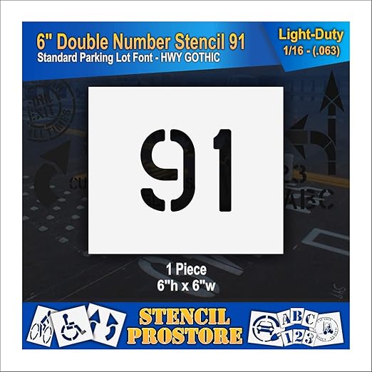 Pavement, Curb, and WheelStop Stencils - 6 inch Double Number Stencil - (91) - 6" x 6" x 1/16" (63 mil) - Light-Duty