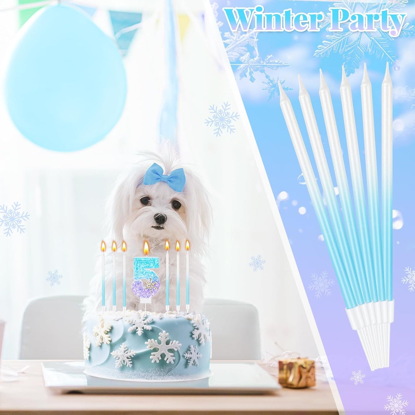 MTLEE Number 5 Birthday Candle Blue Snowflake with 6 Long Thin Cupcake Candles Blue Sparklers Glitter Number Happy Birthday Cake Topper Decorations for Winter Party Supplies