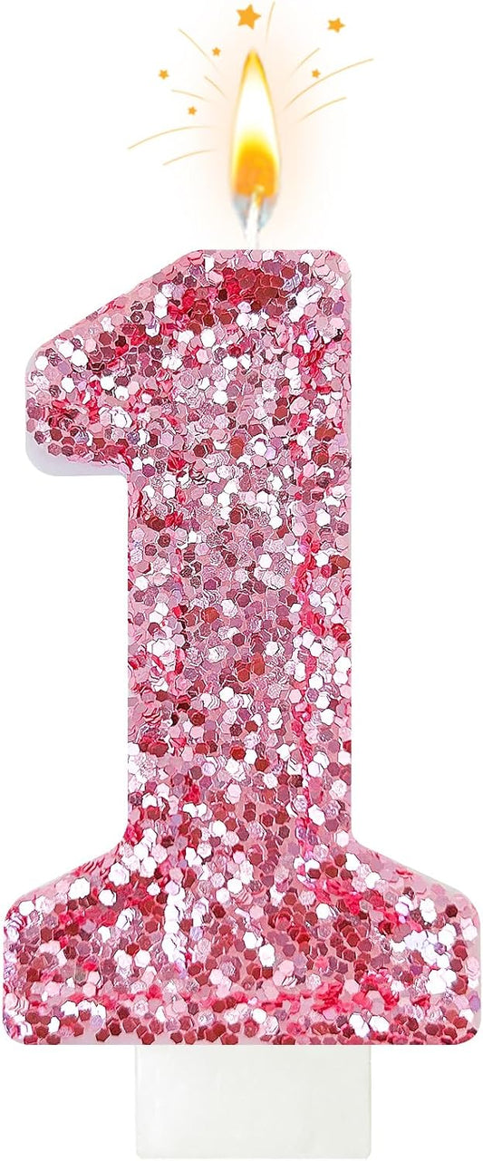 Birthday Number Candles, Glitter Number Candle Cake Decorations with Sequins, Cupcake Decorations for Girls, Women, Party Anniversary Celebrations (Number 1, Pink)