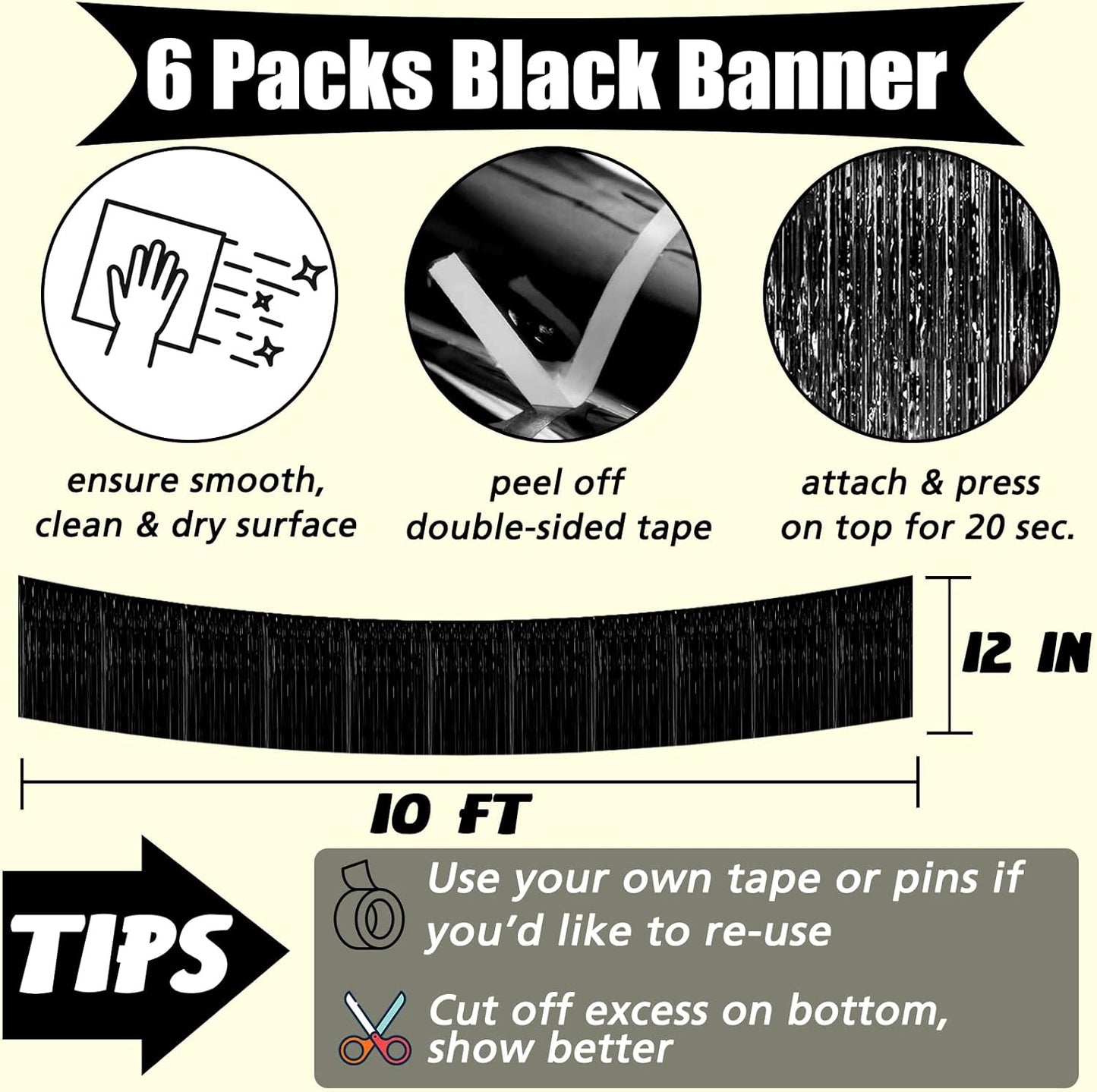 6 Pack 10 Feet 2024 New Year Foil Fringe Garland Metallic Tinsel Banner Wall Hanging Curtain Streamers Backdrop for Parade Floats Bachelorette Wedding Birthday Party Christmas Decorations(Black)