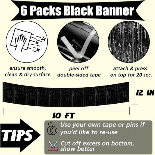 6 Pack 10 Feet 2024 New Year Foil Fringe Garland Metallic Tinsel Banner Wall Hanging Curtain Streamers Backdrop for Parade Floats Bachelorette Wedding Birthday Party Christmas Decorations(Black)
