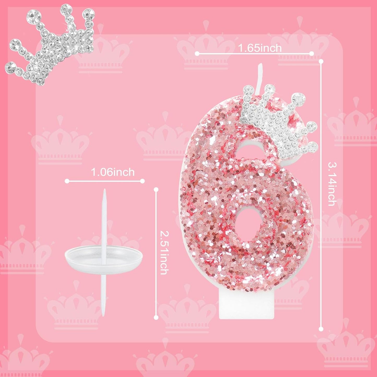 Ceya Number 6 Birthday Candles,Pink Crown Candle for Cake, Sparkling Number Glitter Candle 3.14inch Cake Topper,6st Birthday Decorations for Girl Women Reunions Anniversary Party Supplies