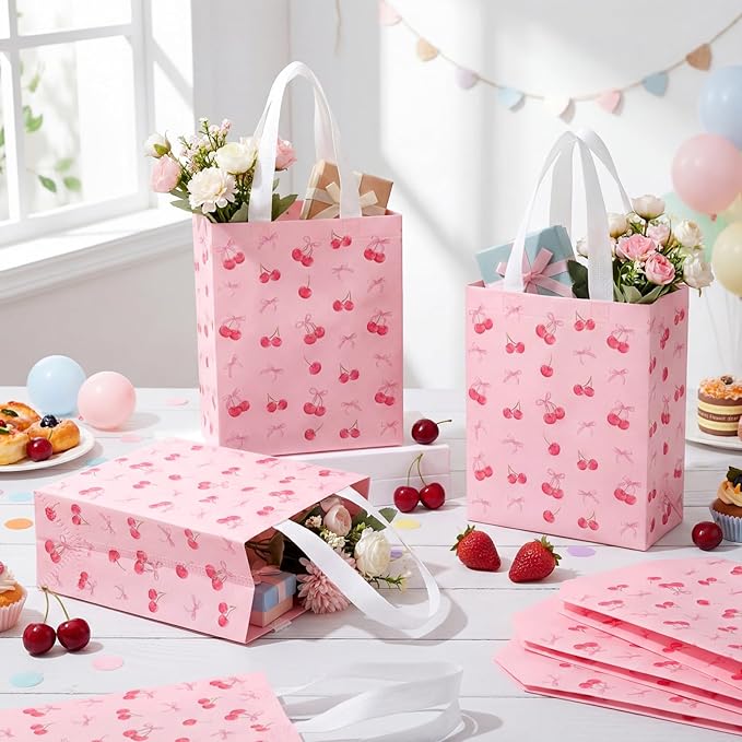 Supervitae 24 Pack Cherry Bow Birthday Gift Bags Red Pink Bow Cherry Medium Goodie Party Bags Spring Reusable Totes Non Woven Totes for Birthday Baby Bridal Shower Family Travel(9.8" x 7.9" x 3.9")