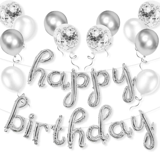 Silver Happy Birthday Banner, 25 pcs Cursive Silver Foil Letters Balloons Sign with Latex Balloons, Happy Birthday Party Decorations for Women Men Birthday Decor