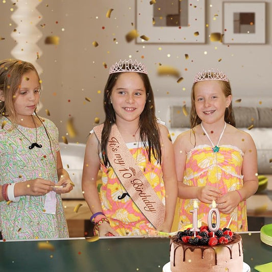 10th Birthday Decorations for Girls with Rose Gold Sash, Tiara,Numbers Candles, Sincere 10th Birthday Gifts for Girls