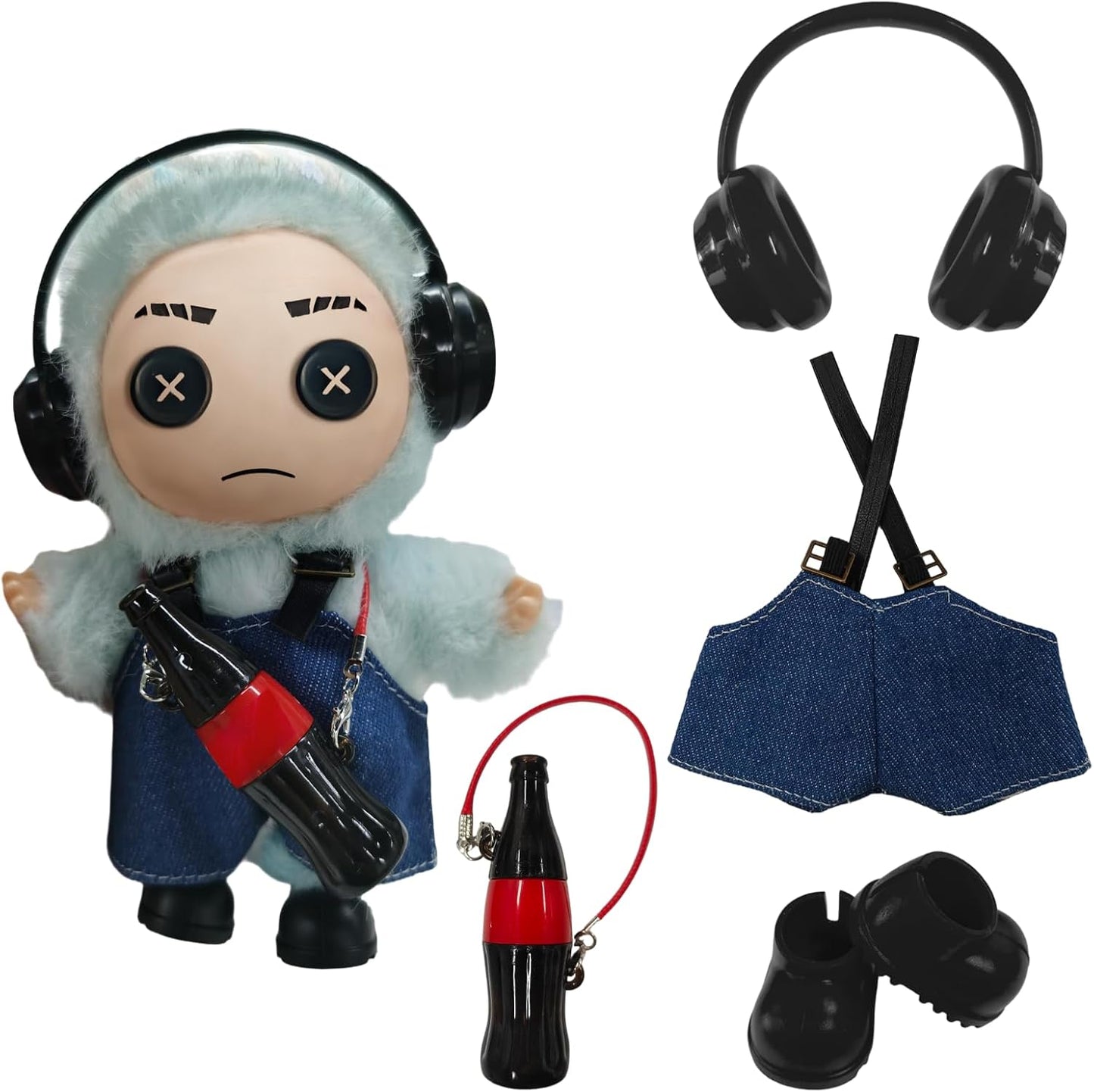 Doll Clothes for 17cm Dolls (No Doll Included) - Stylish and Adorable Outfits for Boys and Girls, Toy Fashion Accessories, Include Headphones, Small Bottle Pendant, Canvas Shoes(Black)