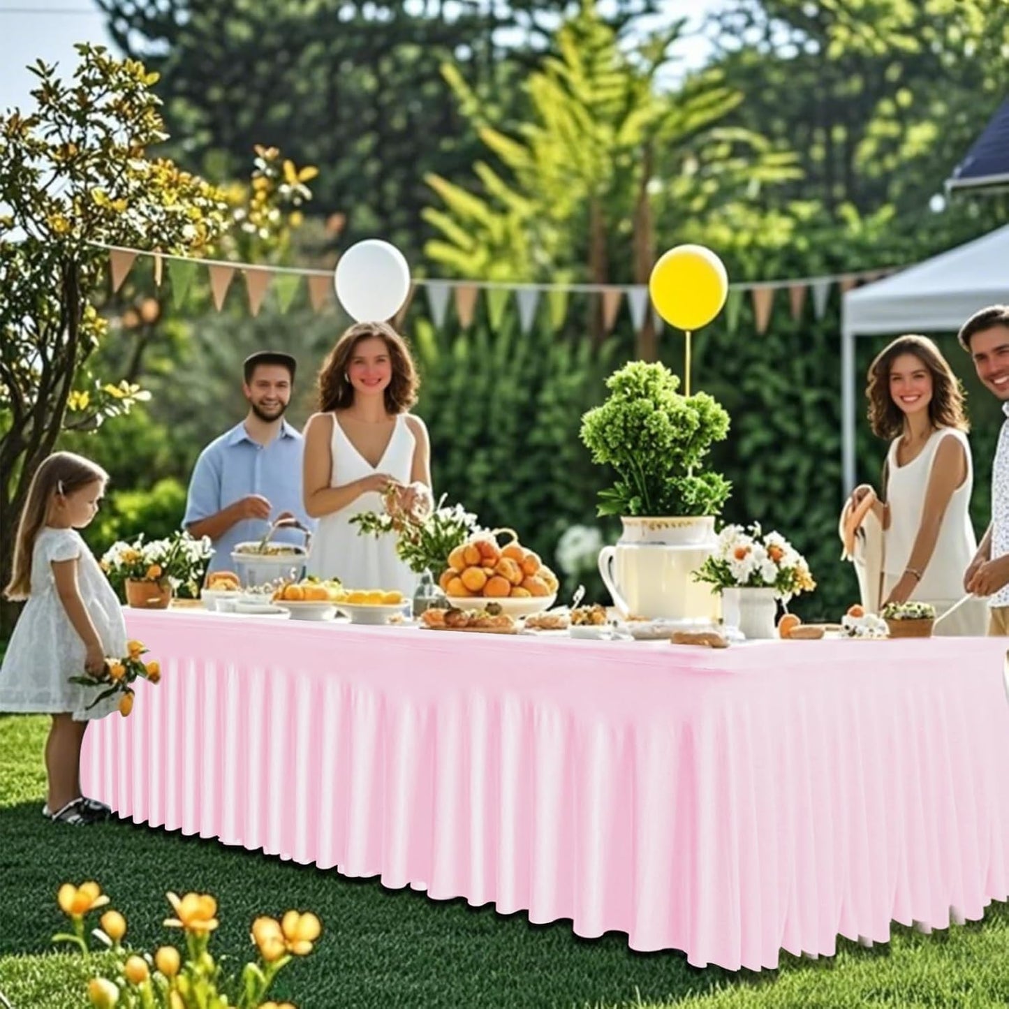 JCJ Table Skirt for Rectangle Tables Set of 2 Spandex Fitted Pink Tablecloths for 6FT Tables, Wrinkle Resistant Ruffles Elastic Table Cover Skirts for Weddings Banquets Parties Teacher Desk