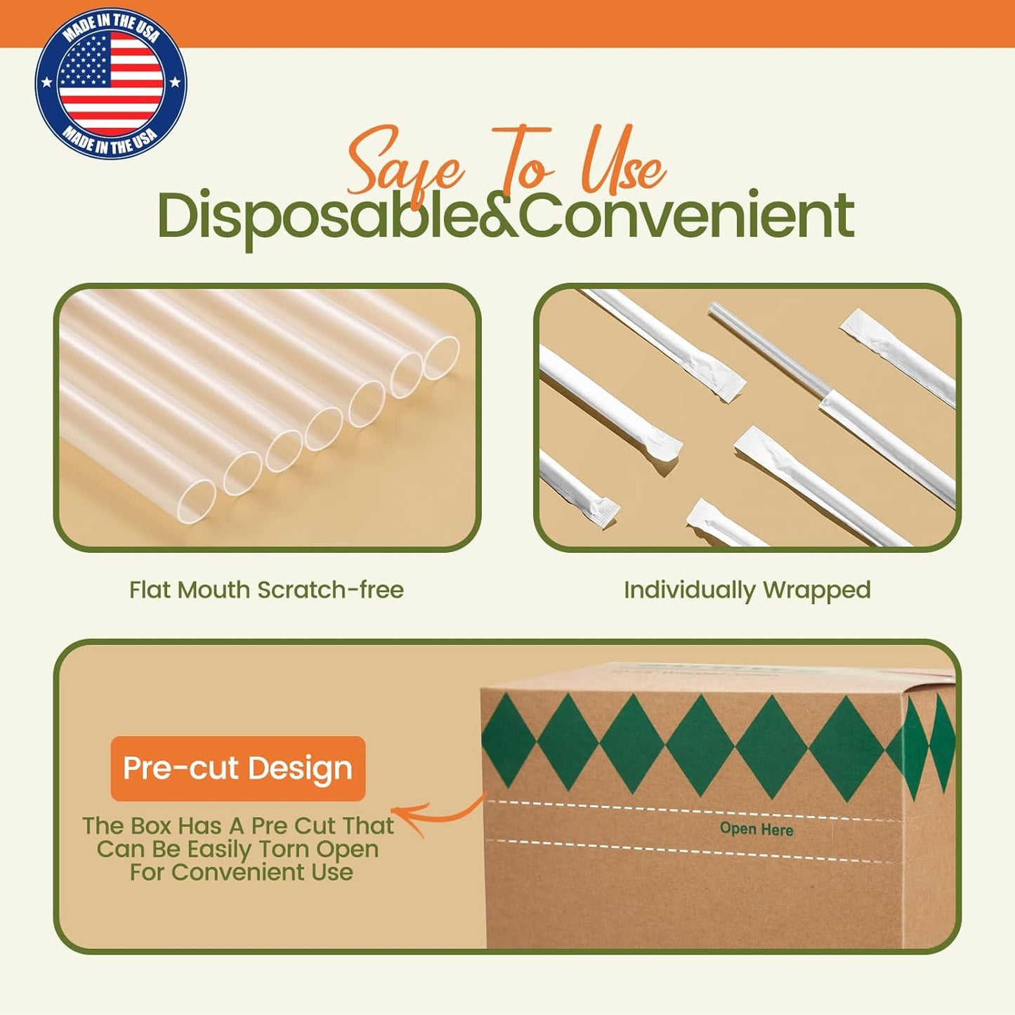 Clear Plastic Straws [1000 Pcs-10.2" Long] Individually Wrapped Disposable Drinking Straws - Made in USA - Straight Long Straws for Party, 0.23'' Diameter (2 boxes of 500)