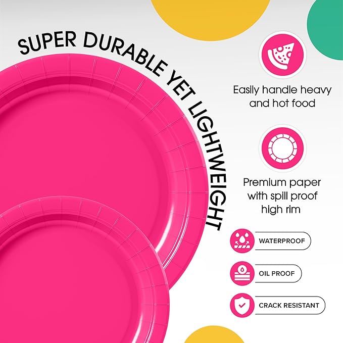 Exquisite Hot Pink Paper Plates Disposable Heavy Duty 100 Pcs - 50-7" & 50-9" Hot Pink Disposable Plates For Party Heavy Duty Paper Plate 350 GSM Birthday Party Supplies Plate Set