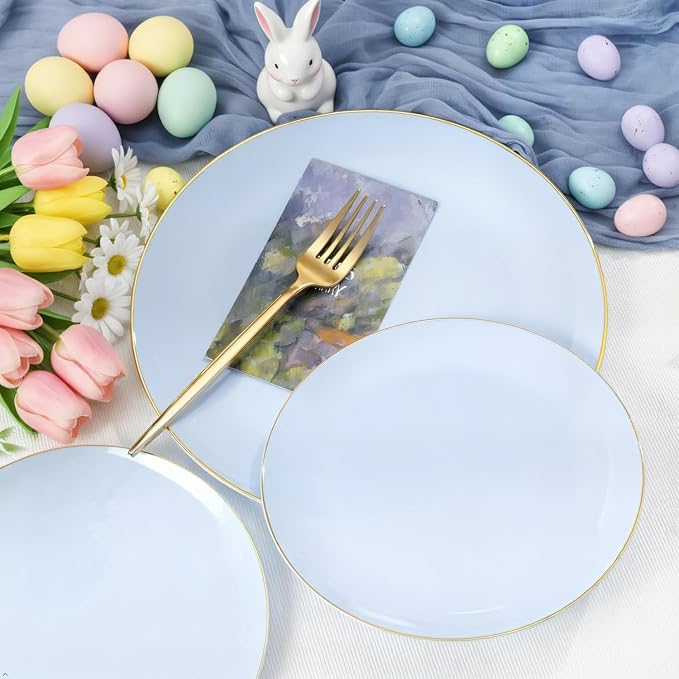 PULOTE 100PCS Blue Plastic Plates - Disposable Light Blue Include 50 Dinner & 50 Dessert/Salad Plates for Party, Wedding & Easter