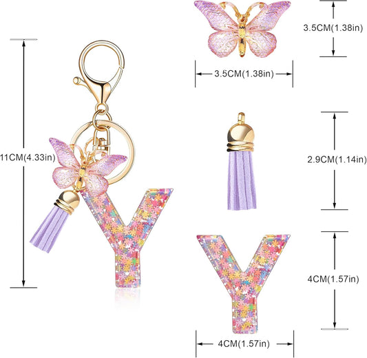 Fashion Alphabet Initial Letter Keychain Tassel Butterfly Pendant Key Ring for Purse Handbags Women Girl