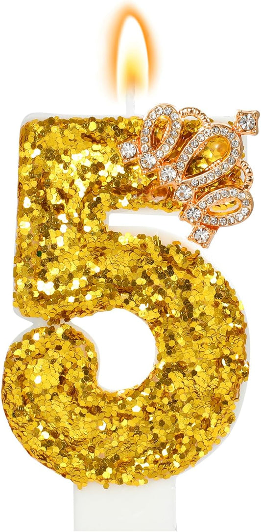 Gold Birthday Candle Crown Number 5 Candle with Sequins Cake Candles Cupcake Decorations Party Decor for Anniversary Celebrations Supplies