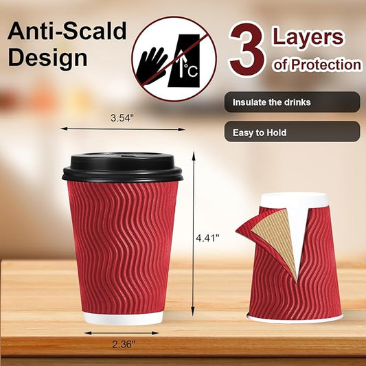 Lamosi 12 OZ Disposable Coffee Cups with Lids 50 Pack, Paper Insulated Corrugated Ripple Wall Cup for Hot Beverages (Red)