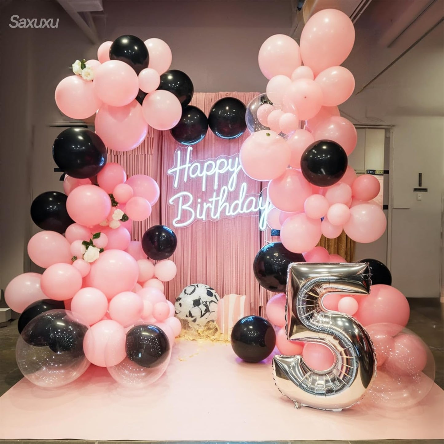 Pink and Black Balloon Arch Kit, Black Pink Balloons Garland Arch Kit, Macaron Heart Latex Balloons, Gold Silver Confetti Balloon For Girl Women Princess Birthday Mother's Day Party Wedding Decor
