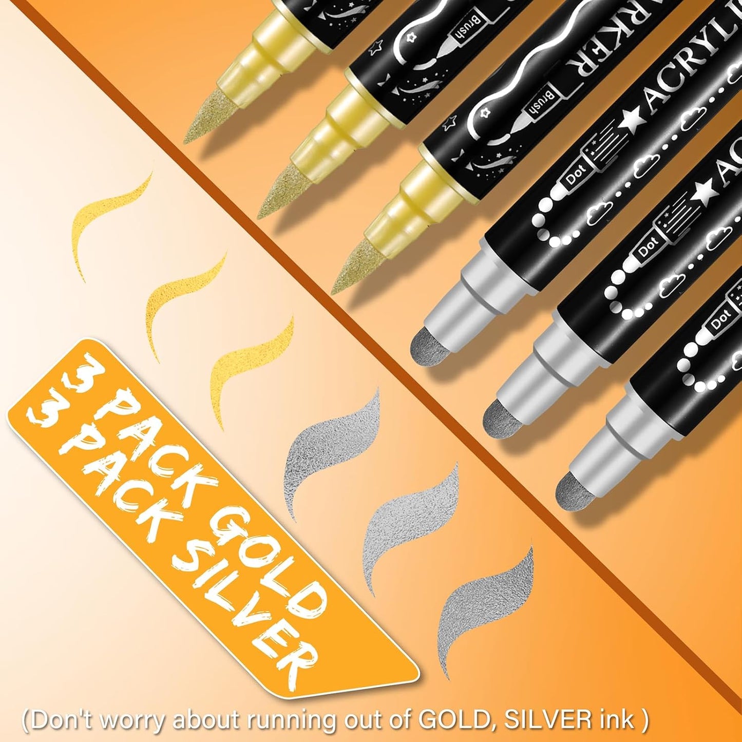 Gold Silver Acrylic Paint Pens Markers, 6 Pc Dual Tips Waterproof Paint Markers For Rock Painting, Fabric, Metal, Glass, Wood, Canvas, Ceramic, Pumpkins, Eggs, Plastic, Non-Toxic & Odor