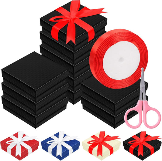 Rustark 12Pcs 9x9x3cm / 3.5x3.5x1 Inch Black Cardboard Jewelry Gift Boxes with Stain Ribbon and Scissor, Small Gift Box with Lid for Necklaces, Rings, Bracelets, Earrings, Pendant, Jewelry