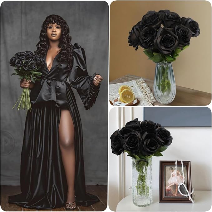 Black Artificial Roses Flowers, 12 Pcs Fake Rose in Bulk, Long Stem Realistic Silk Roses Bouquet for Centerpieces Flower Arrangement, Halloween Home Decor, Gothic Decoration (Black, 12-PCS)
