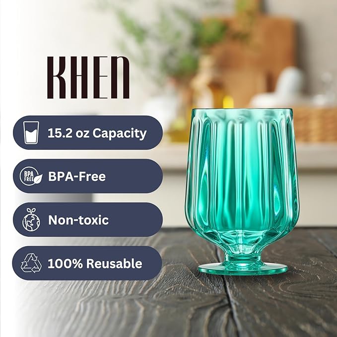 15oz Unbreakable Premium Drinking Glasses Set of 4 - Super Grade Acrylic Plastic - Perfect For Gifts - European Style Shatterproof BPA-free Glassware Dishwasher-Safe, Indoor & Outdoor (Green)