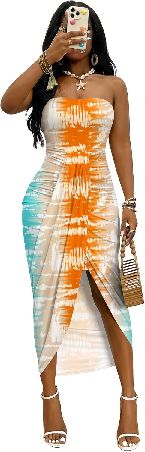 Umenlele Women's Strapless Ruched High Waist Wrap Split Asymmetrical Beach Maxi Long Dress