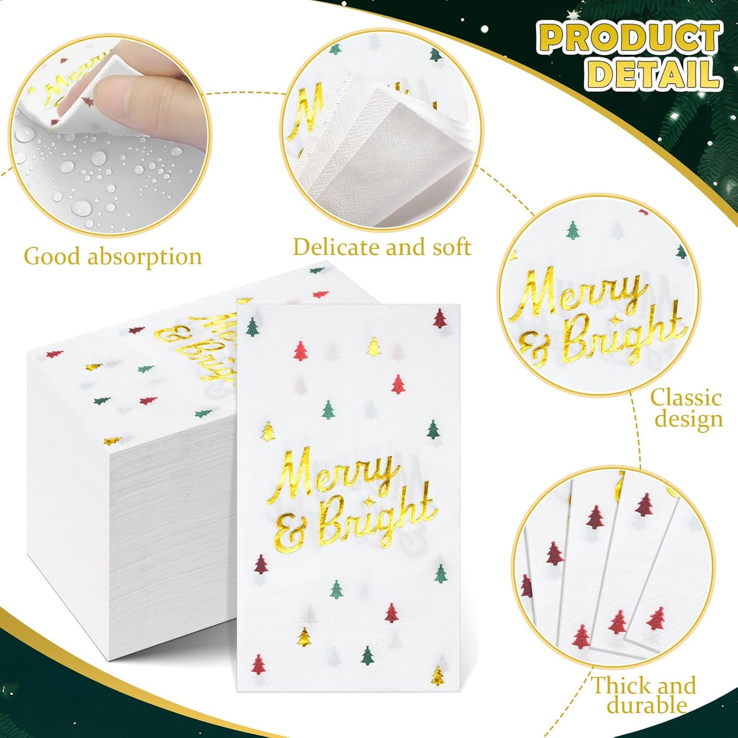 100 Pcs Christmas Tree Paper Napkins Disposable, Merry Bright Red Green Gold Foil Cocktail Napkins, Xmas Holiday Party Guest Dinner Napkin Hand Towels for Christmas Winter Party Supplies, 4.3x7.9 Inch