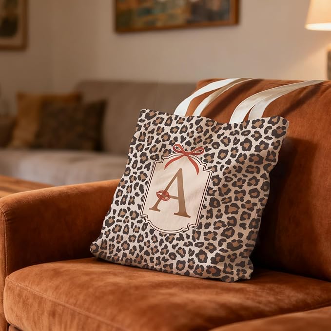Coquette Leopard Print Letter A Tote Bag for Women,Trendy Cheetah Print Canvas Tote Bag for Girls,Red Bow Letter A Leopard Aesthetic Reusable Shopping Grocery Bags Party Favors