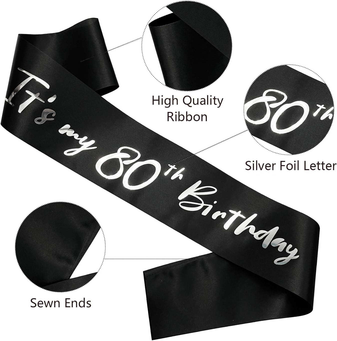80th Birthday Sash, It's My 80th Birthday Sash Black Silver, 80 Birthday Decorations Gifts for Women Men Happy 80th Birthday Party Favor Supplies