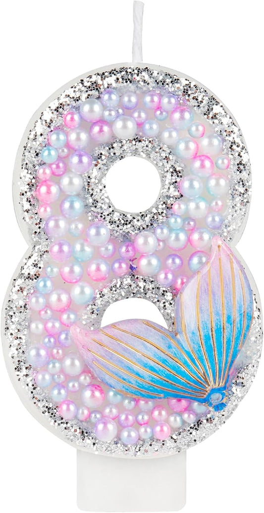 Glitter Mermaid Tail Number 8 Pink Pearls Birthday Candles - Happy 8th Birthday Party Decor