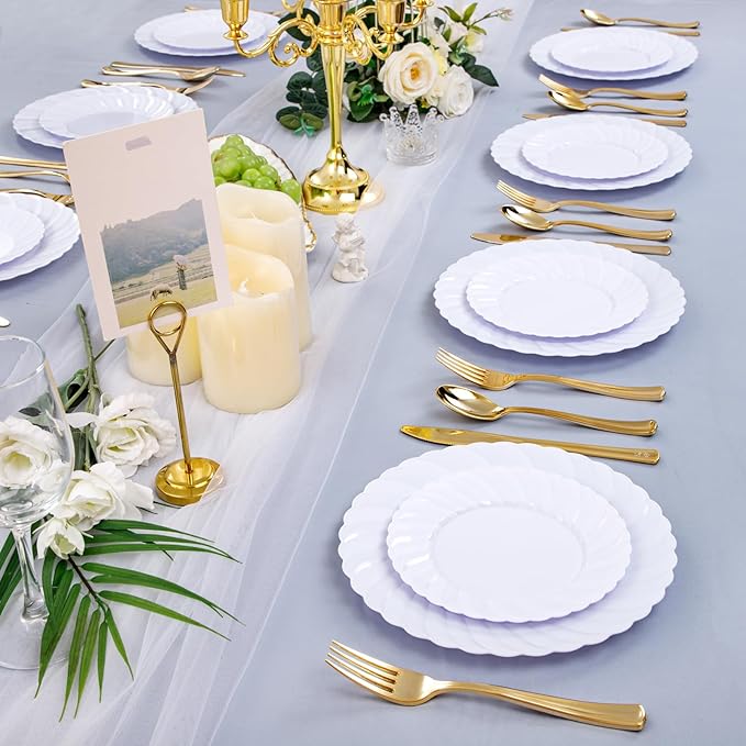 U-QE 100 Pieces White Plastic Plates - Premium White Disposable Plates for Wedding and Party Use Including 50PCS 9 '' Dinner Plate & 50PCS 6.5 '' Dessert Plate