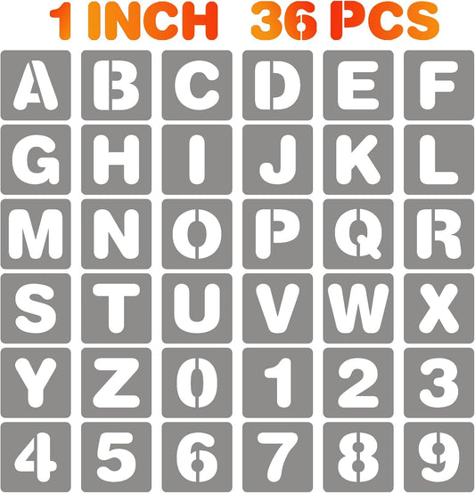 BAMIDELE 1 Inch Letter and Number Stencils, 36 Pcs Reusable Plastic Alphabet Spray Paint Stencils for Painting on Wood, Wall, Fabric, Rock, Chalkboard, Door Porch, Signage, DIY Craft Decoration