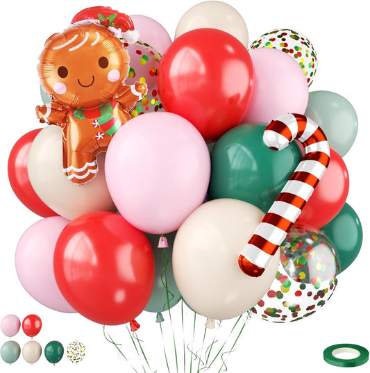 Christmas Balloons,12 Inch Pink Green Red Christmas Party Latex Balloons with Gingerbread Man Candy Cane Foil Balloon,for Xmas Baby Shower New Year Holiday Birthday Party Decor