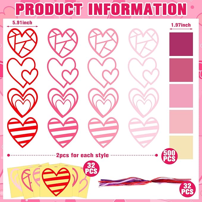 Motipuns 32 Sets Valentine Suncatchers Paper Craft Set DIY Heart Shaped Window Stained Glass Effect Paper Kit for Valentine Mother's Day Art Projects Party Favors(Cute Style)