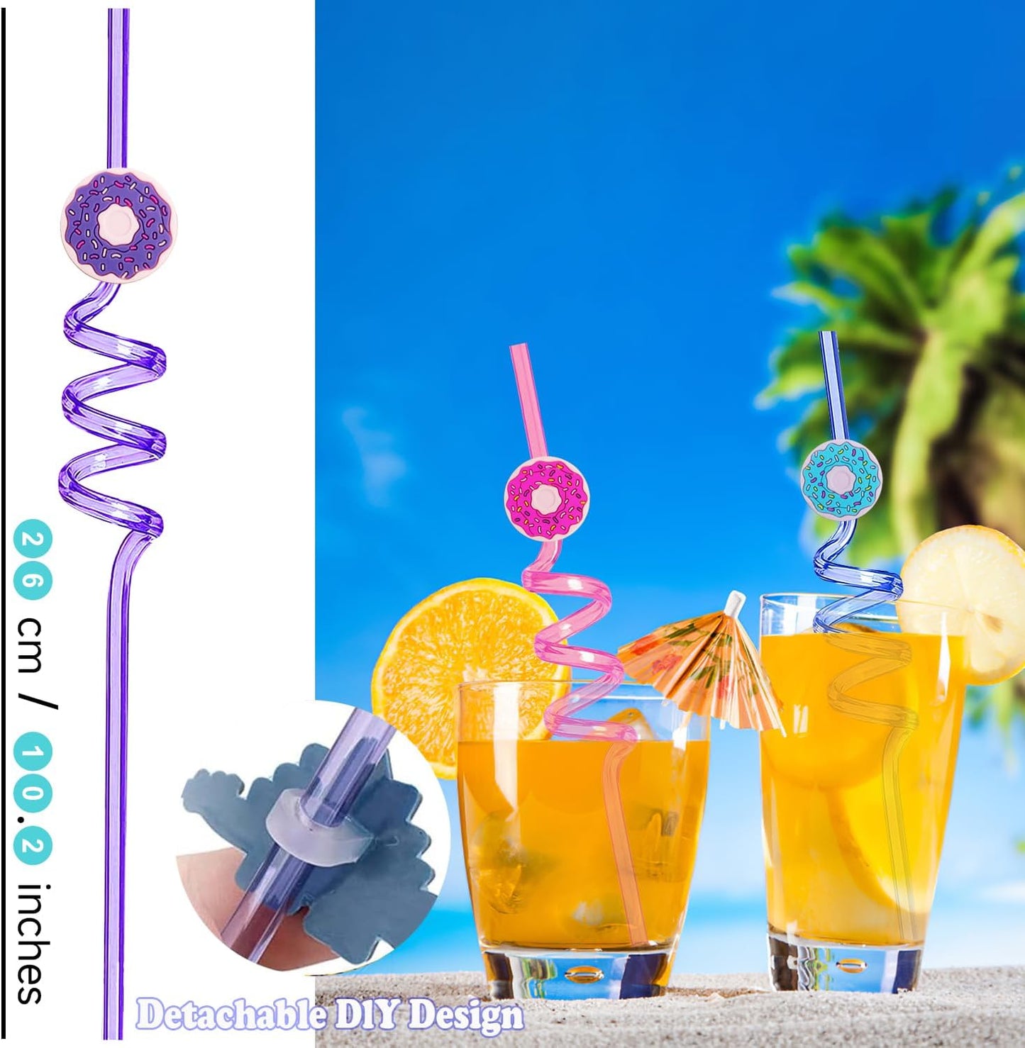 Reusable Donut Straws for Girls Donut Birthday Party Favors, 24 PCS Silly Swirly Drinking Straws for Kids Sweet Birthday Party Decorations Supplies with 2 Cleaning Brush