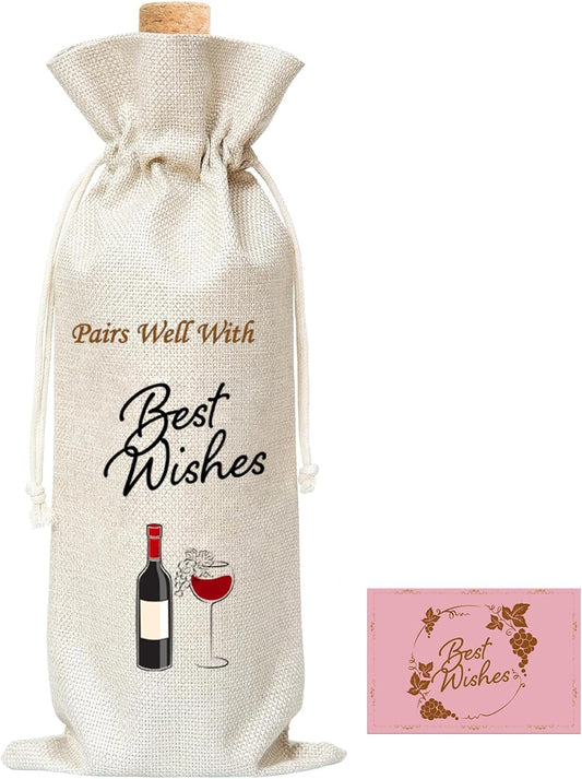 GALOFAY Wine Bag Gift Set, Personalized Print Words 'Pairs Well With Best Wishes‘ Wine Gifts Bag and Gift Card Sets for Engagement, Wedding, Birthday, Retirement, and Thank You Party Wine Decoration