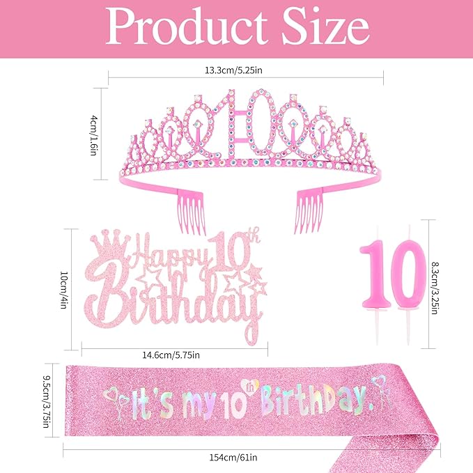 10th Birthday Party Decorations Set for Girls- Pink Crown, Glitter Sash, Number 10 Candle & Cake Topper Kit for Birthday Celebrations Party Supplies Gift