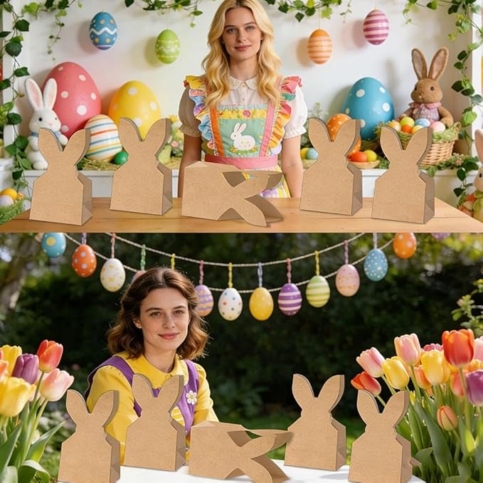 24 Set Boho Bow Easter Bunny Party Favor Bags, DIY Bunny Gift Boxes with Boho Neutral Bow Ribbon and Dried Flowers,Rustic Kraft Paper Rabbit Ears Treat Boxes Goodie Bags for Spring Holiday Decor(C)