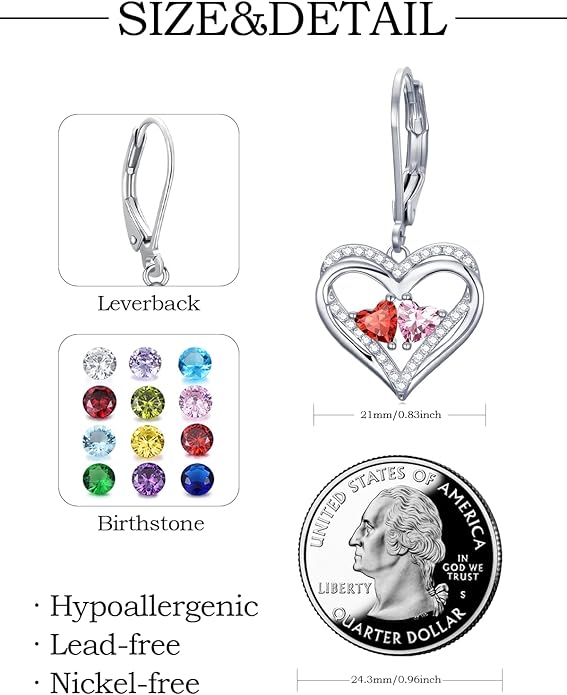 Valentines Day Gifts for Women, Heart Leverback Earrings Double Birthstone Dangle Earrings for Women, Love Jewelry for Her, Anniversary Birthday Gift for Mom Wife Girlfriend
