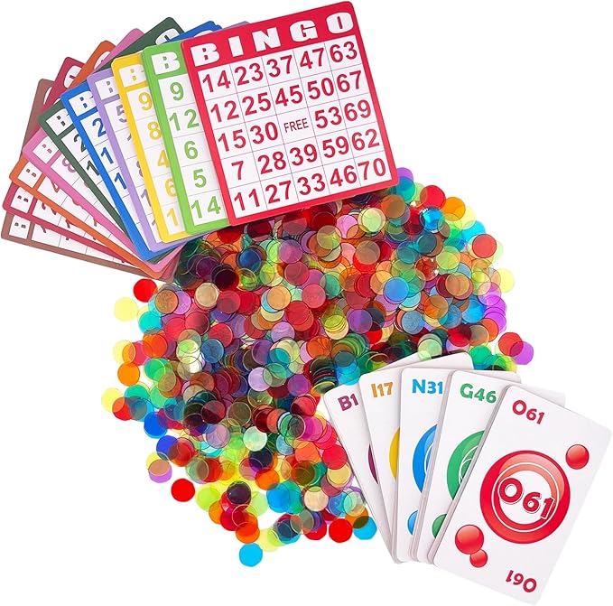 JUNWRROW Bingo Game Set-1000 Colorful Chips with a Bag,100 Bingo Cards and Jumbo Deck of Calling Cards for Adults, Seniors, and Family - Calling Card Set- Ideal for Large Groups, Parties, Game Nights